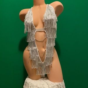 Handmade One Piece White and Silver Costume Dance Wear Woman Size S/M